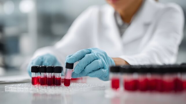 A lab technician wearing blue gloves carefully handles a vial of red liquid in a laboratory setting