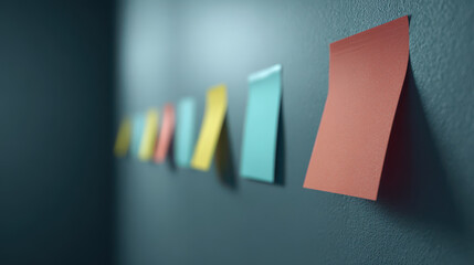 minimalist office workspace featuring clean note board adorned with colorful sticky notes