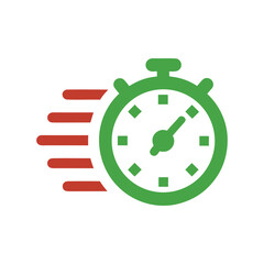 Green stopwatch icon with red motion lines on white background time speed
