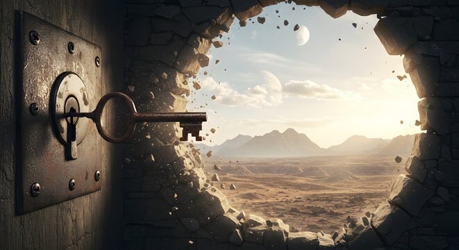 An antique key dissolves a stone wall to reveal an alien landscape, a powerful metaphor for a paradigm shift, a breakthrough solution, and redefining the problem