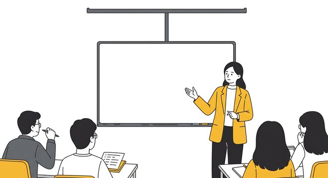teacher in yellow jacket teaching students clip art preview