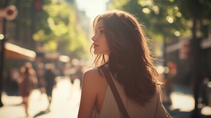 Obraz premium Beautiful woman in the city. Woman with dark brown hair in video of a city. A field of warm sunlight in the atmosphere of a city with a street of shallow. Attractive lady lifestyle in the city.