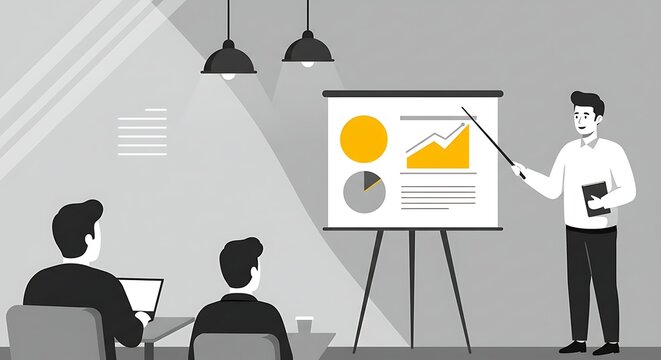 Minimalist Vector Illustration of Teacher or Trainer Presenting with Whiteboard and Audience in Classroom or Seminar Setup"