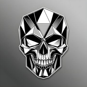 Faceted geometric crystal skull with angular facets and reflective gem-like look, futuristic 3D art on plain background, bold fashion design for apparel prints