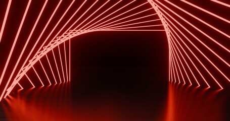 Abstract geometric pattern of glowing red neon squares on black background 3d rendering