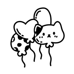 Fun doodle style black and white balloons with shapes like heart, polka dot, and cat face, perfect for party, birthday, and celebration designs. Minimalist balloon icon line art outline illustration.
