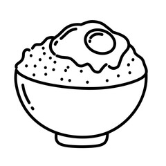 Simple black and white illustration of a rice bowl topped with fried egg, ideal for Asian food design, meal icons, and culinary themed artwork. Minimalist food icon line art outline illustration.