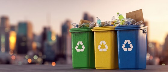 The colorful recycling bins showcasing sustainable waste management in an urban setting.
