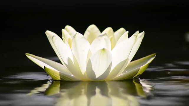 Close-up of a white lotus flower floating on calm water, symbol of peace, purity, and mindfulness. Perfect for wellness, meditation, and spiritual themes.