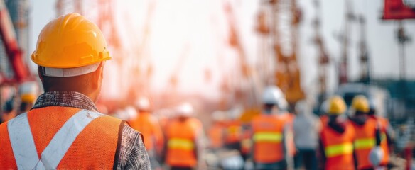 The construction worker overseeing a busy job site with safety gear in focus.