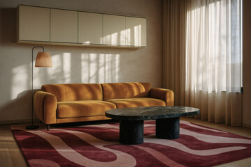 Stylish living room with mustard sofa, black oval coffee table, and patterned rug under soft daylight