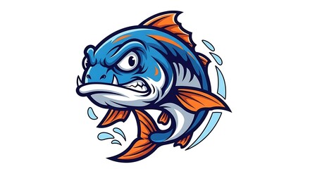Aggressive Blue Fish Cartoon Illustration with Fierce Expression on White Background