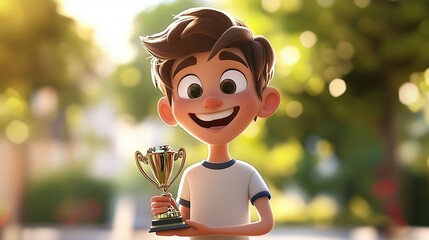 Cartoon boy holding trophy. Young man with trophy of joy and excitement in video. Animation of a 2d field of shallow cartoon. A cartoon character of a boy lifestyle clutching a trophy.