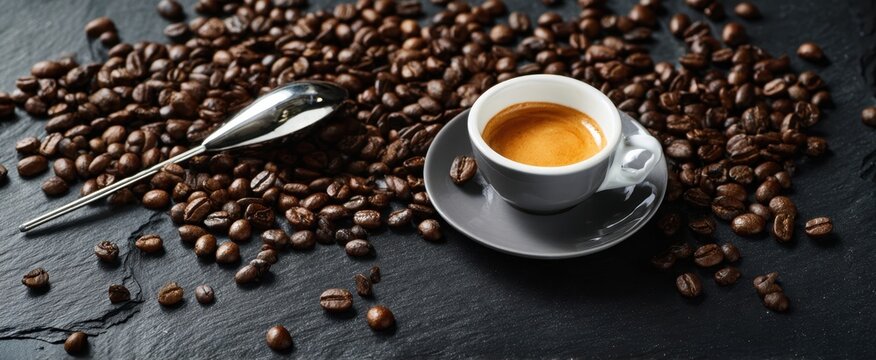 The espresso cup on a saucer surrounded by roasted coffee beans and spoon