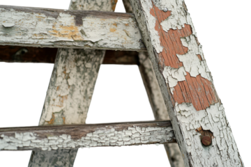 Weathered wooden ladder showing chipped paint isolated on transparent background