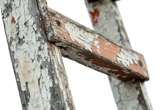 Rustic old ladder with peeling paint close up isolated on transparent background
