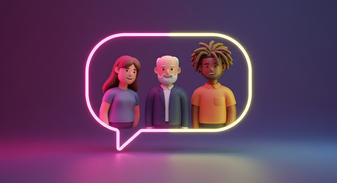 Diverse Group Communication: Three Cartoon Characters Share Ideas Within a Glowing Neon Speech Bubble Design Element, Social Media Concept