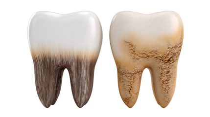 Healthy White Tooth and Decayed Brown Tooth Close Up on Transparent Background