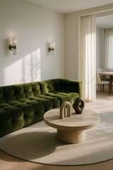 Contemporary living room with green tufted velvet sofa, round stone coffee table and sculptural decor pieces