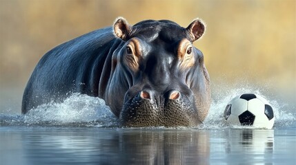 Fototapeta premium A hippo is playing with a soccer ball in a body of water. The scene is playful and lighthearted, as the hippo seems to be enjoying itself while playing with the ball