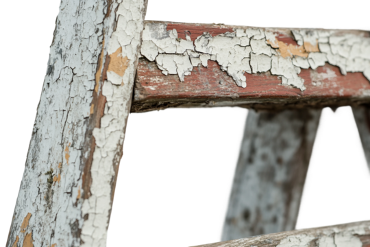Wooden ladder showing signs of wear and chipped paint isolated on transparent background