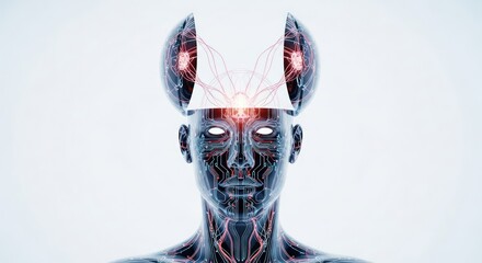 Futuristic Human Head with Glowing Red Circuits and Wires.