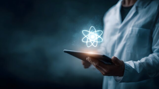 A scientist holds a tablet displaying a glowing atom symbol symbolizing scientific advancement and technology