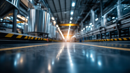 Fototapeta premium A wide angle perspective of a modern production hall filled with towering silos and automated conveyors workers inspecting machinery with careful focus shiny floors reflecting