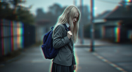 Somber girl with backpack walking alone on empty street in dark atmosphere