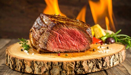 Grilled steak on wooden platter, surrounded by vegetables