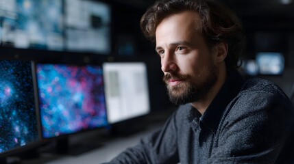 A man in a dark room intently observing data on multiple computer monitors