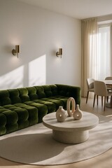 Minimalist living room with green velvet sofa, round stone coffee table and decorative vases