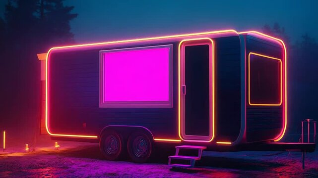 Futuristic camper van glowing with neon lights at night in the woods