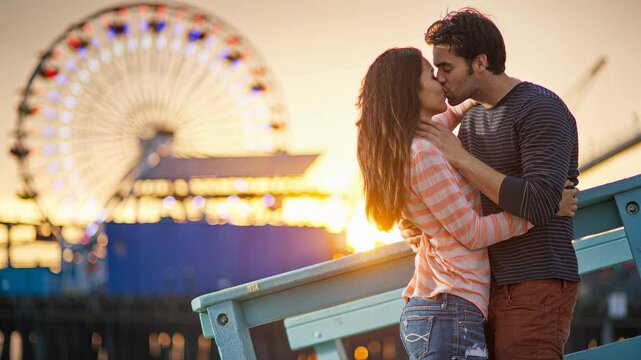 Romantic Couple Kissing at Sunset on Santa Monica Pier