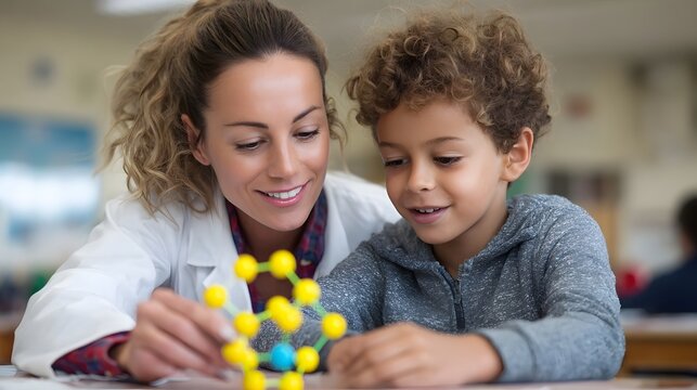 A teacher and a young student examine a colorful molecular model during a science lesson - Powered by Adobe