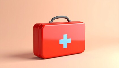 Bright red first aid kit with light blue medical cross on peach background