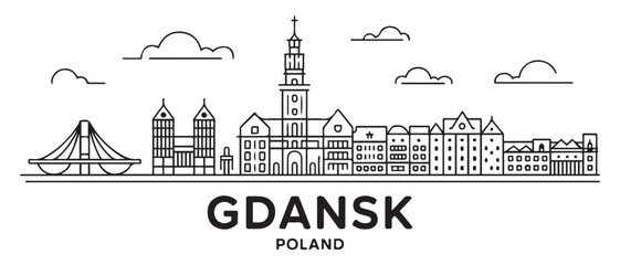 Obraz premium Gdansk Line Art skyline horizontal banner. Black Gdansk, Poland. Vector template for your design. with white background