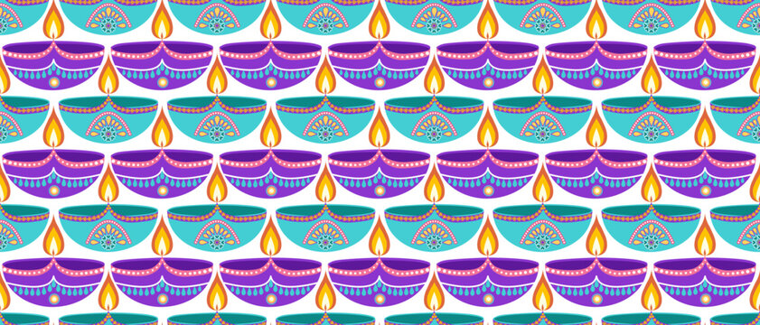 Festive Diwali seamless pattern with diyas in flat style. Deepavali vector illustration for digital and print use