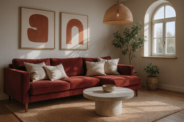 Modern living room with red velvet sofa, neutral pillows, abstract wall art, and natural daylight