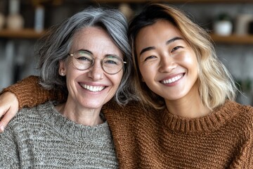 Joyful bonding between two women in a cozy indoor setting during a sunny afternoon