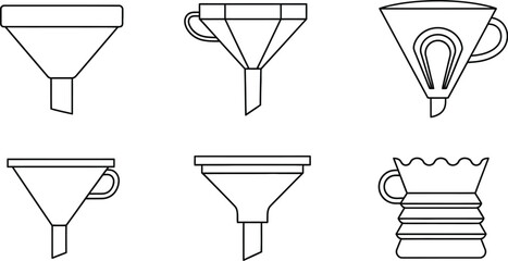 Fototapeta premium Collection of diverse funnel shapes and designs, from simple to ornate, presented in a clean graphic style.