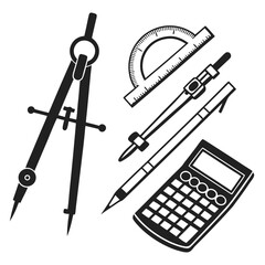 Black drawing tools and calculator silhouettes compass protractor