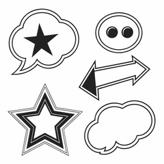 Black outlined star speech bubble arrow and star shapes vector