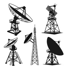 Black satellite dishes and communication towers radio telescope antenna