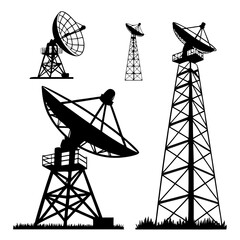 Black satellite dishes on tall towers communication towers transmission