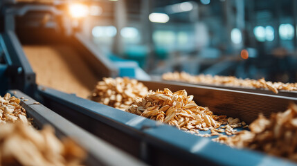 Fototapeta premium A close up of machinery actively processing agricultural residues grains and husks moving rhythmically along conveyors reflections of light on polished metal surfaces enhancing