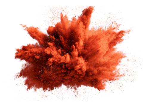 Dramatic explosion of vibrant rust colored powder, an artistic burst of color, perfect for adding energy and excitement to your designs, a captivating abstract element