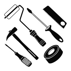 Black silhouettes of renovation tools hammer screwdriver saw roller tape paint roller