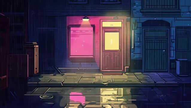 lofi animation of a rainy city street at night with purple pink neon reflections