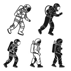 Black white astronauts in motion space suit silhouette